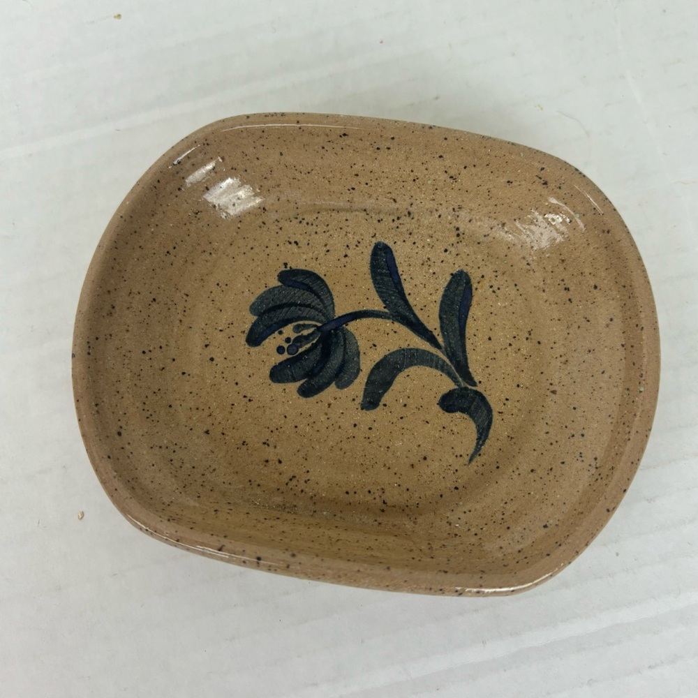 Small stoneware signed trinket dish-folk art/salt glaze/blue flower